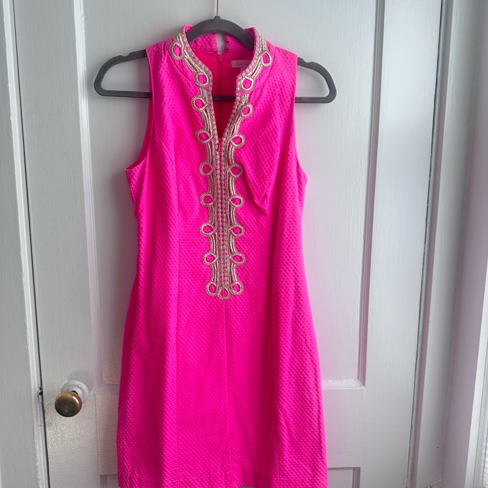 Lilly Pulitzer Hot Pink Sleeveless Mini Shift Dress with Gold Trim
